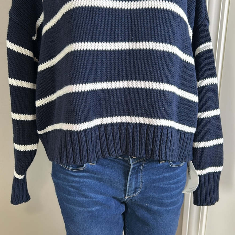 Jenni Kayne Chloe Striped Cotton Crewneck Sweater Boxy Navy Blue White Stripe L - Picture 4 of 11